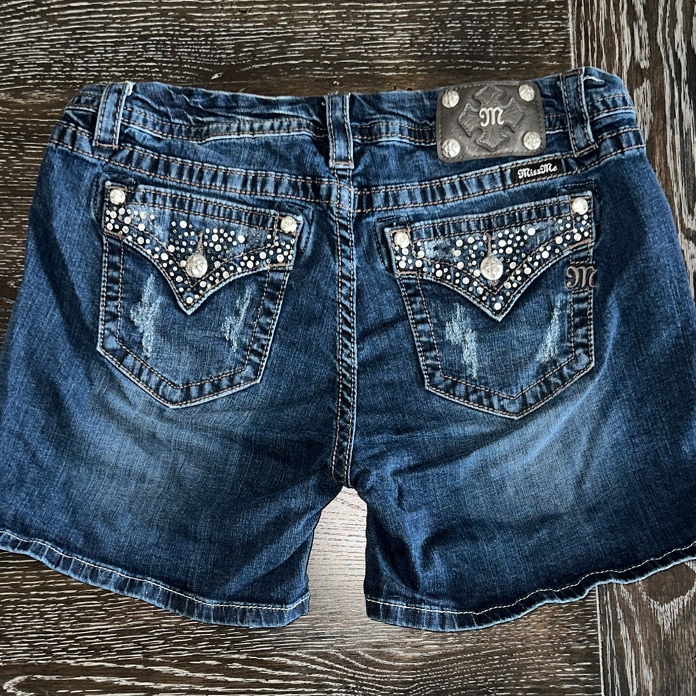 Miss Me Dark Blue Denim Shorts with Rhinestones